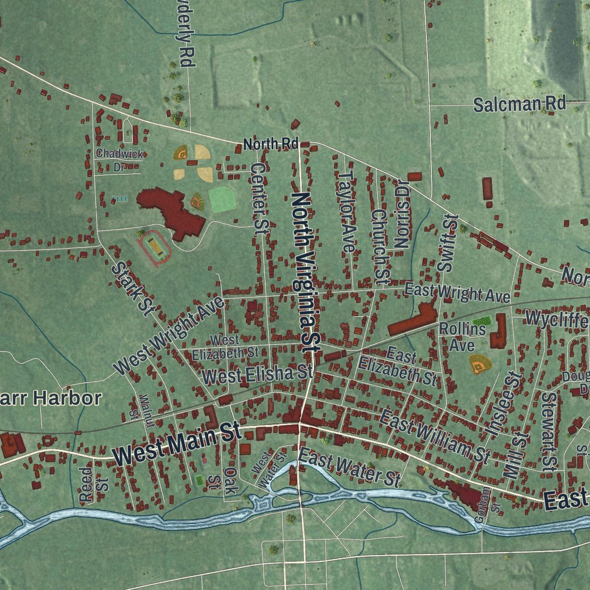 Close-up of the map of the Town of Waterloo, New York print showing street and building detail