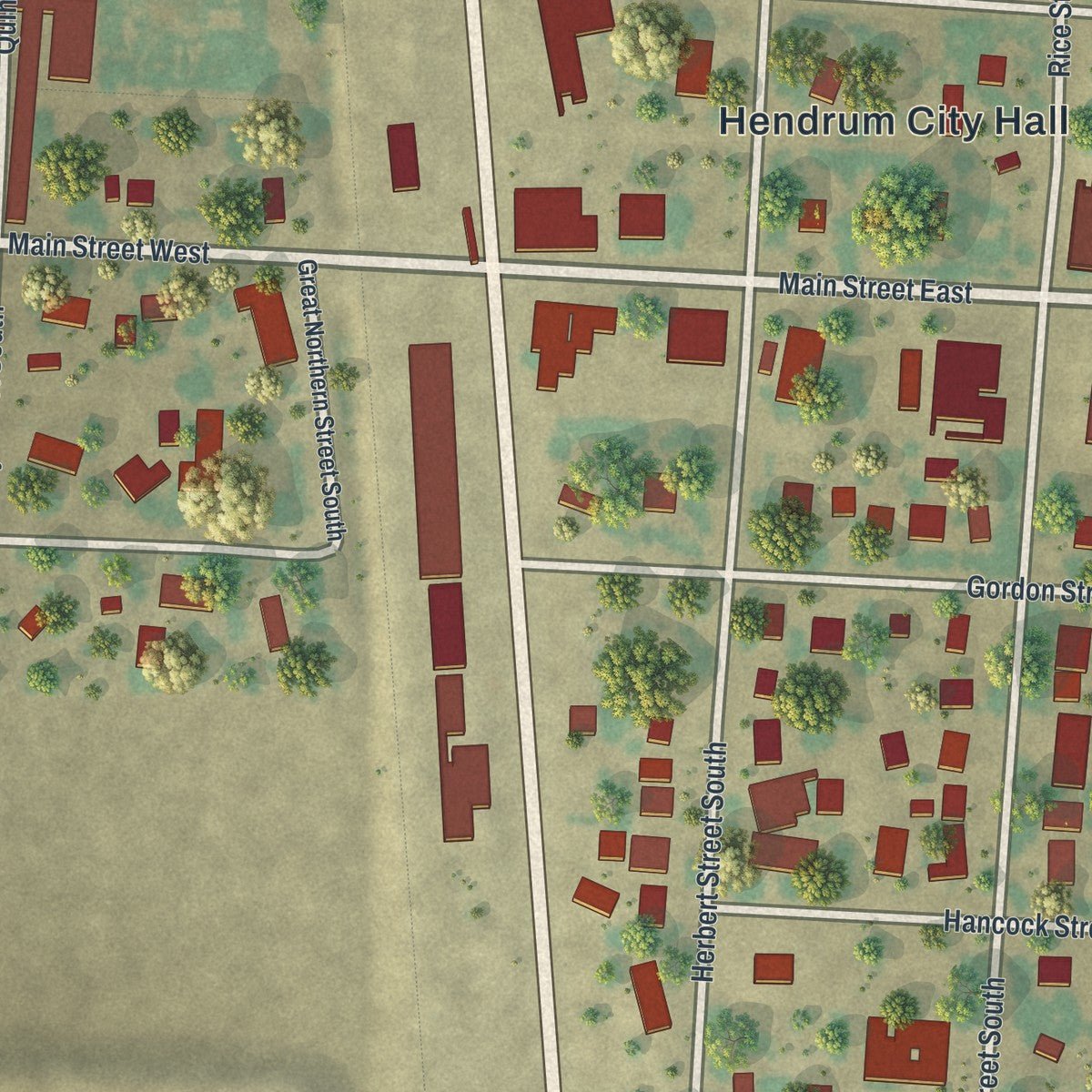 Close-up of the map of Hendrum, Minnesota print showing street and building detail