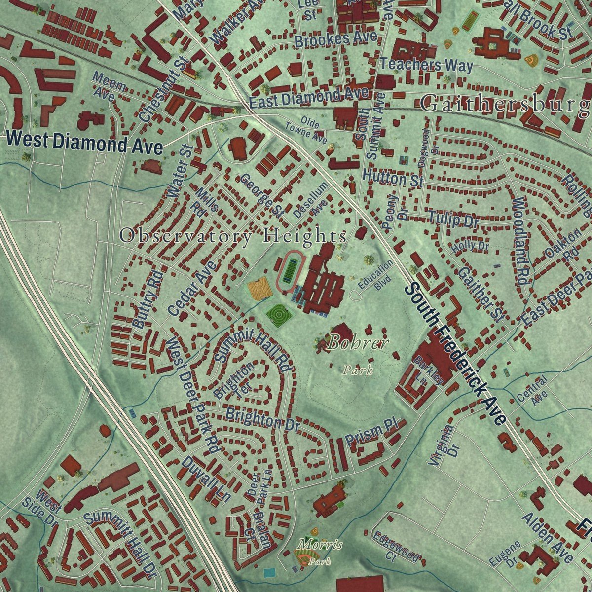 Close-up of the map of Gaithersburg, Maryland print showing street and building detail