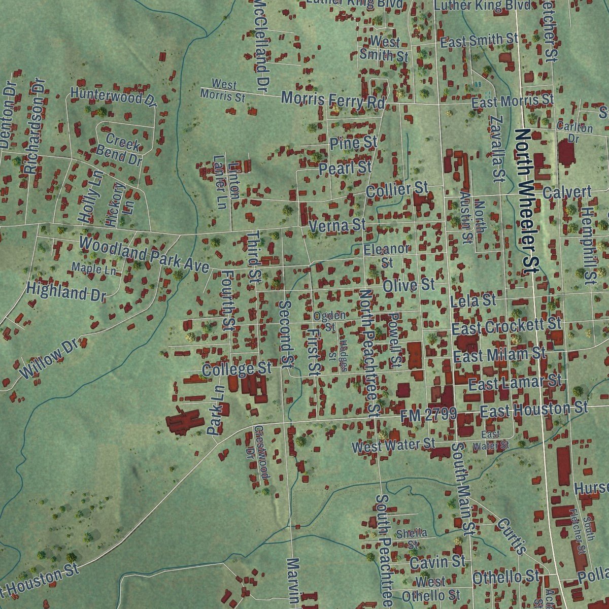 Close-up of the map of Jasper, Texas print showing street and building detail