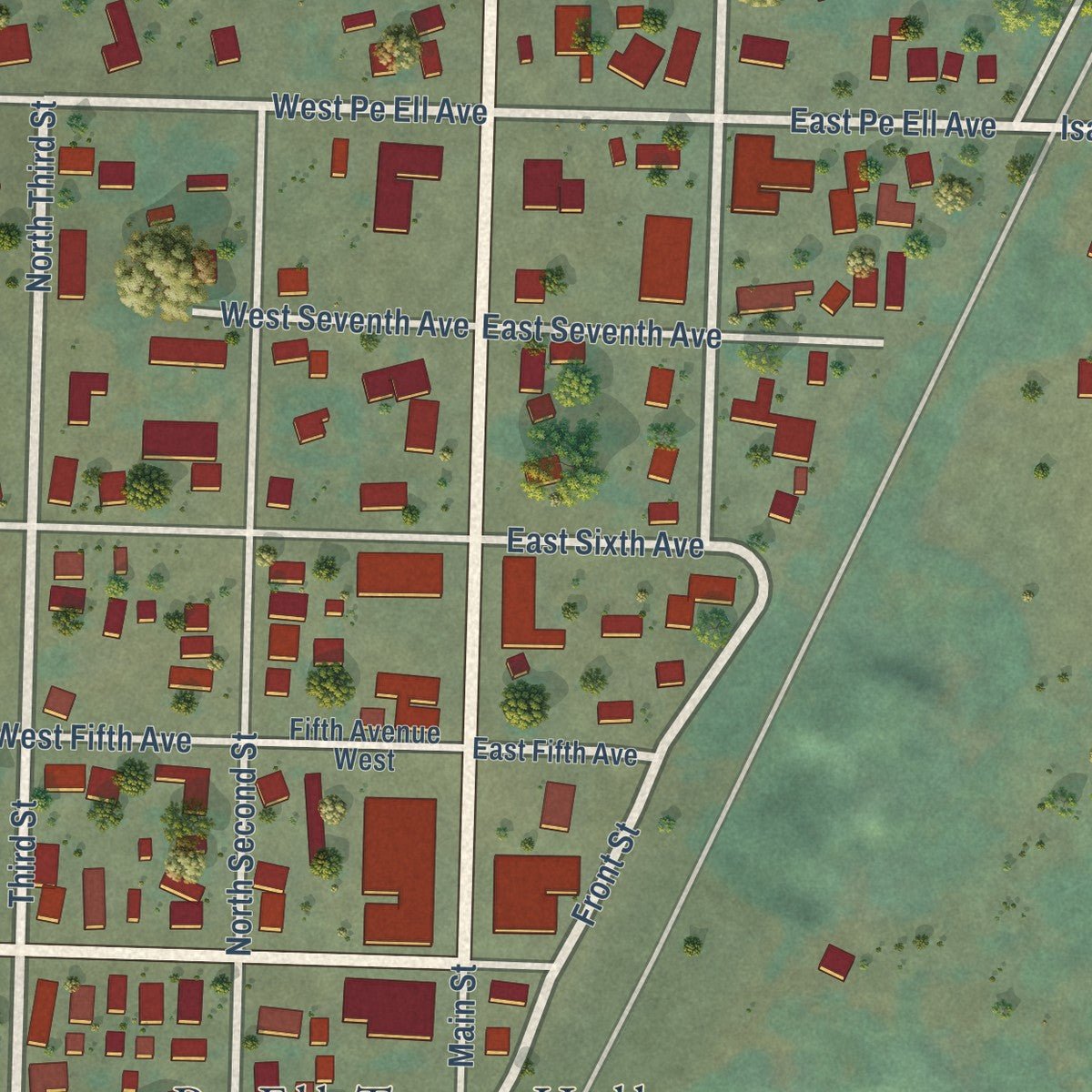 Close-up of the map of Pe Ell, Washington print showing street and building detail