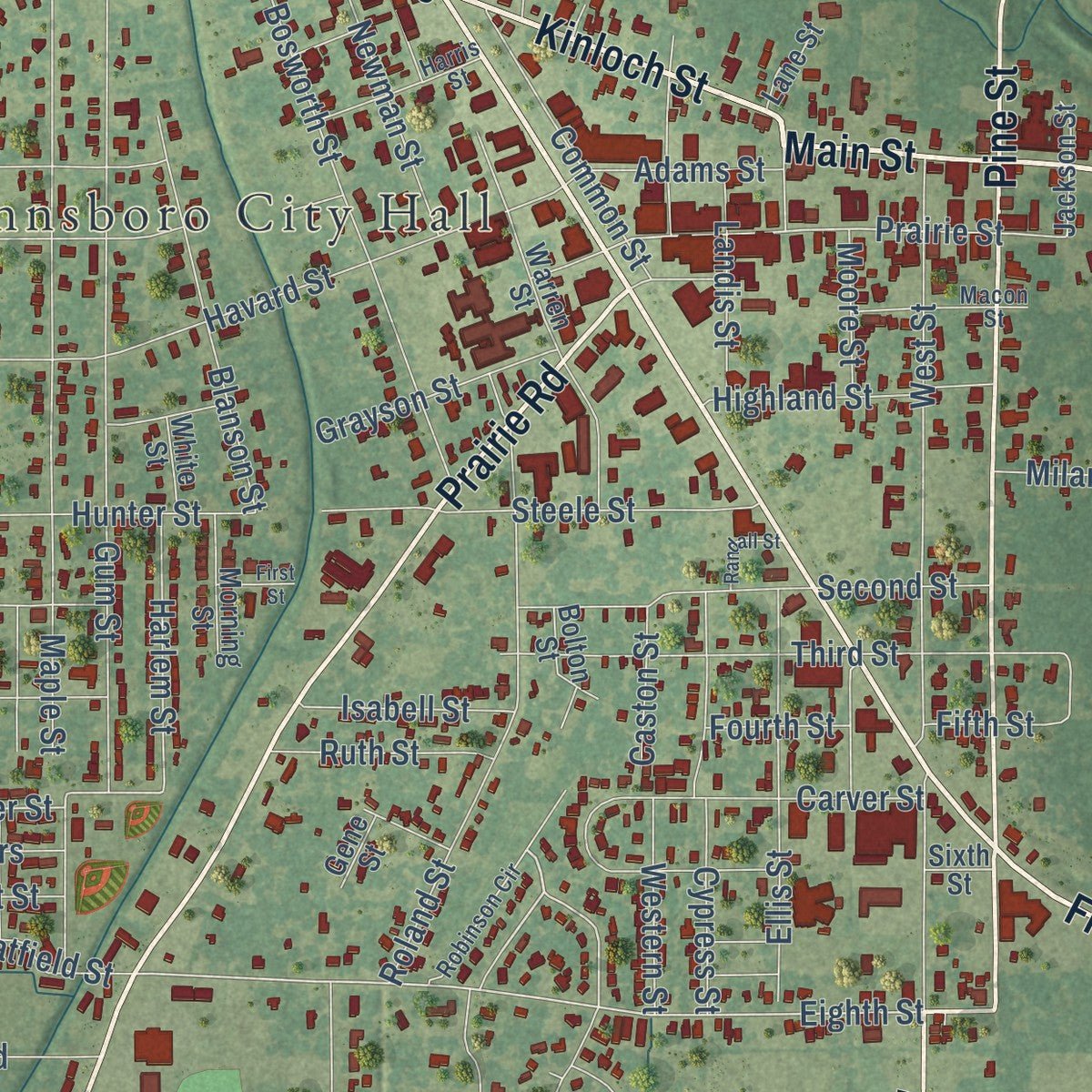 Close-up of the map of Winnsboro, Louisiana print showing street and building detail