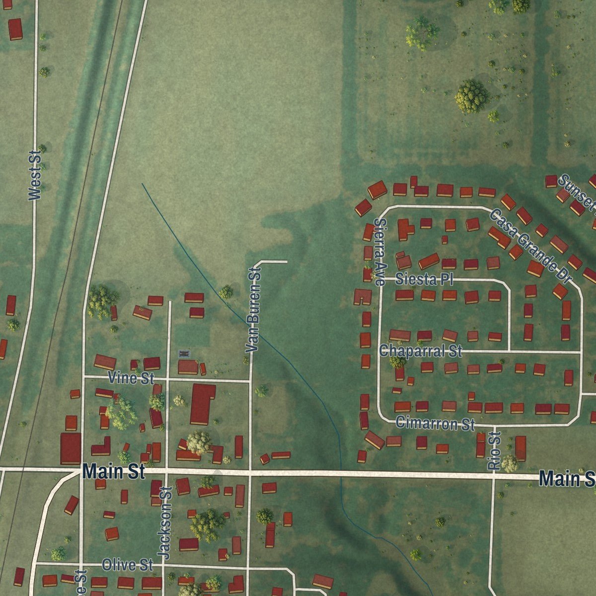 Close-up of the map of Watson, Illinois print showing street and building detail