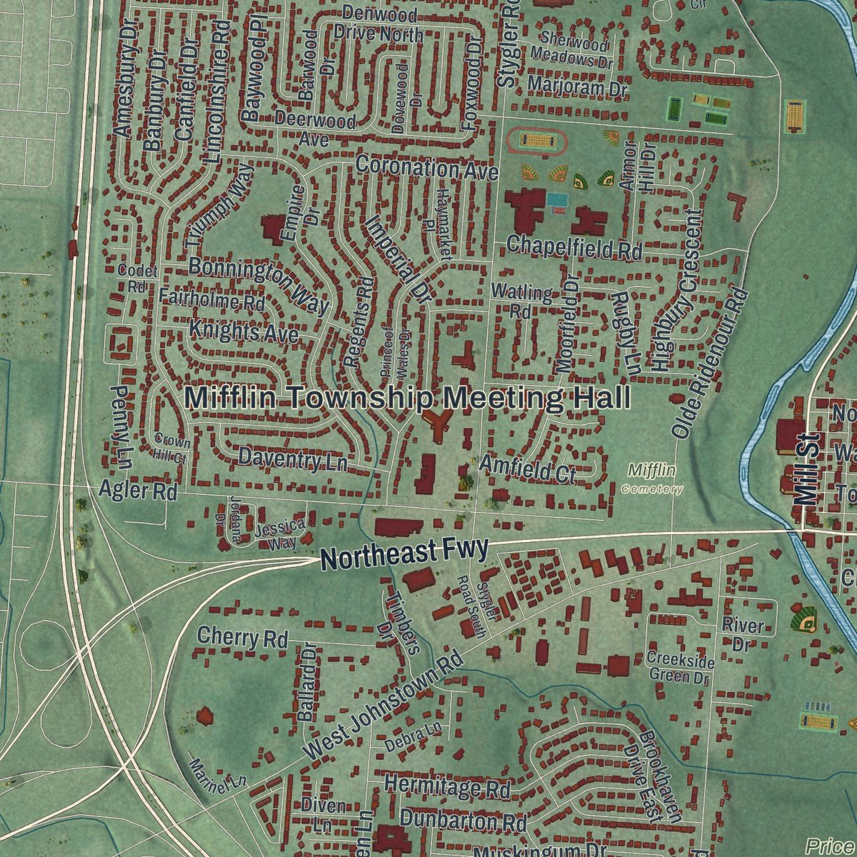 Close-up of the map of Gahanna, Ohio print showing street and building detail