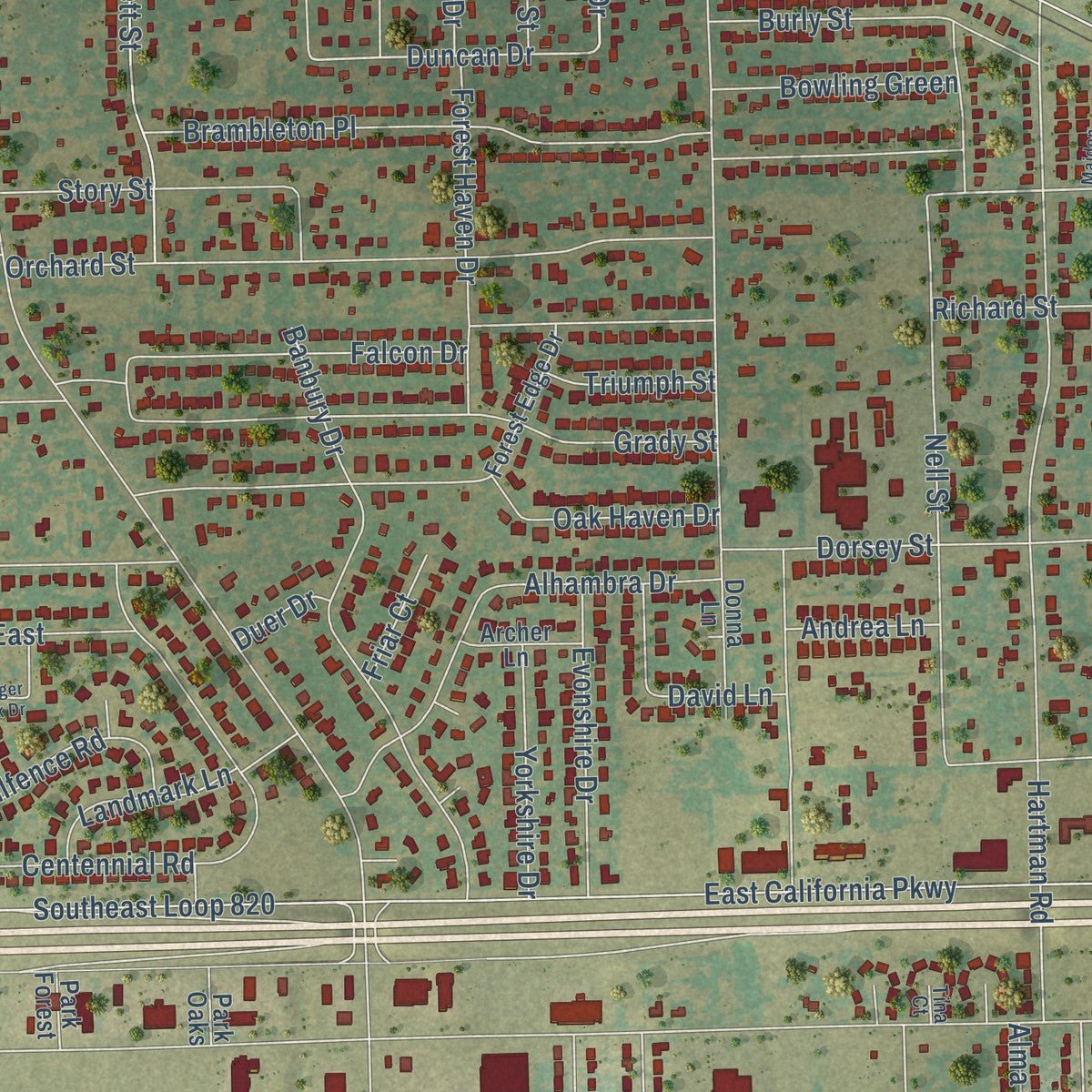Close-up of the map of Forest Hill, Texas print showing street and building detail