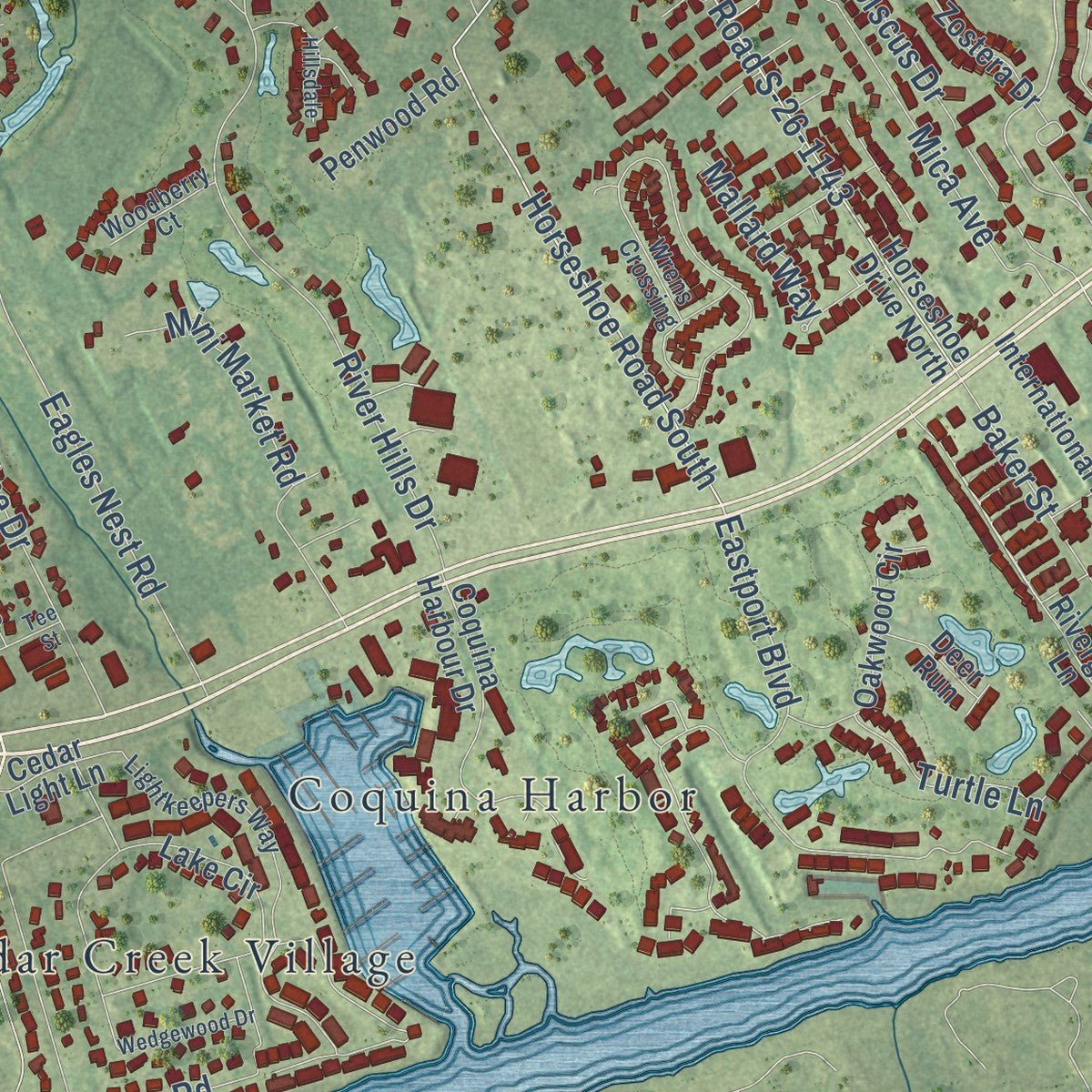 Close-up of the map of Little River, South Carolina print showing street and building detail