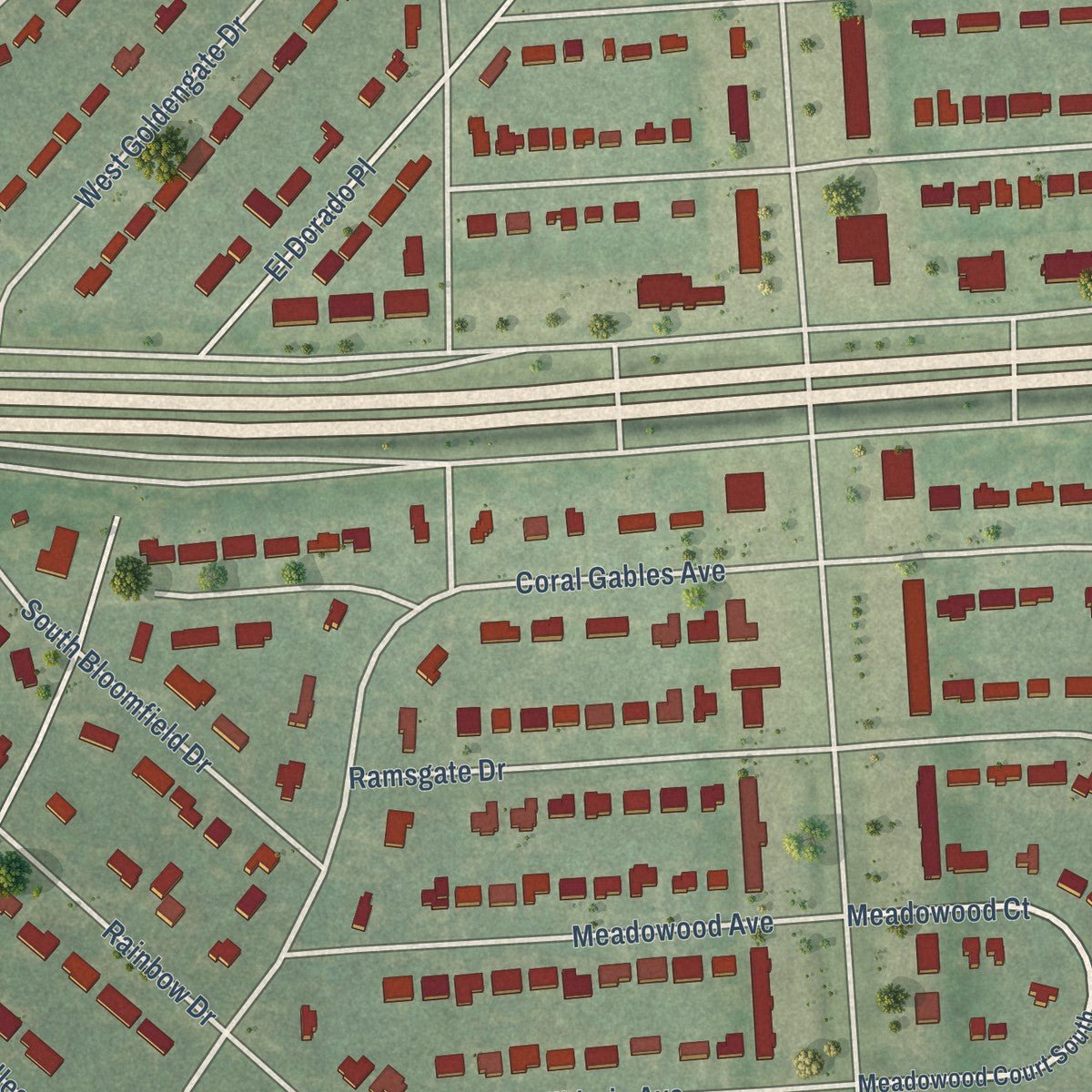 Close-up of the map of Lathrup Village, Michigan print showing street and building detail