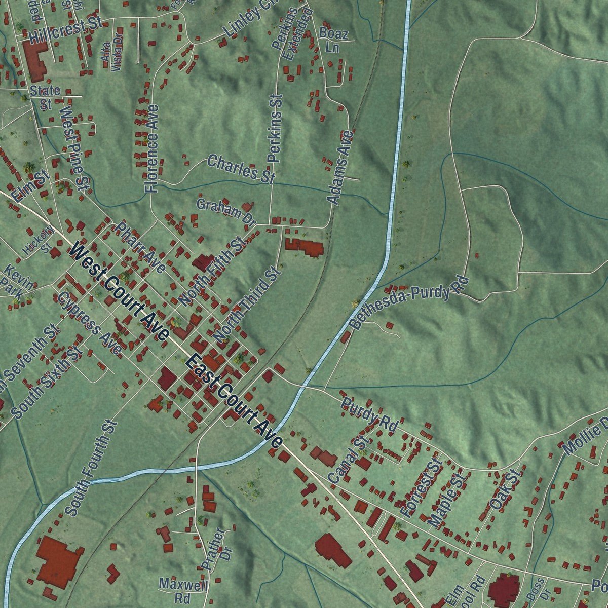 Close-up of the map of Selmer, Tennessee print showing street and building detail