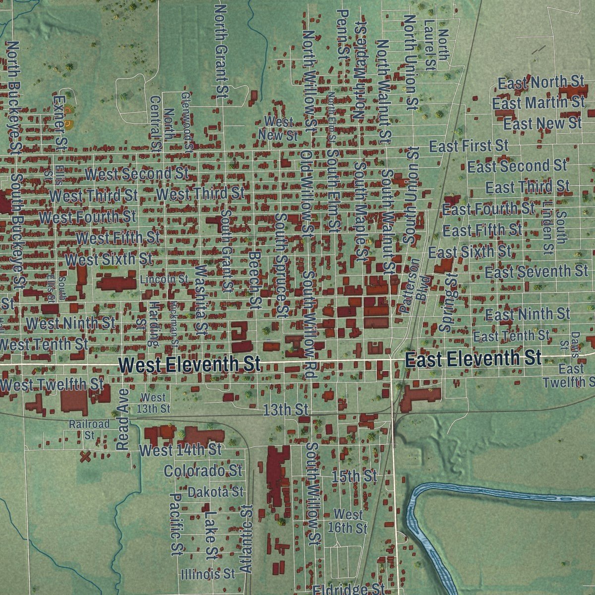 Close-up of the map of Coffeyville, Kansas print showing street and building detail