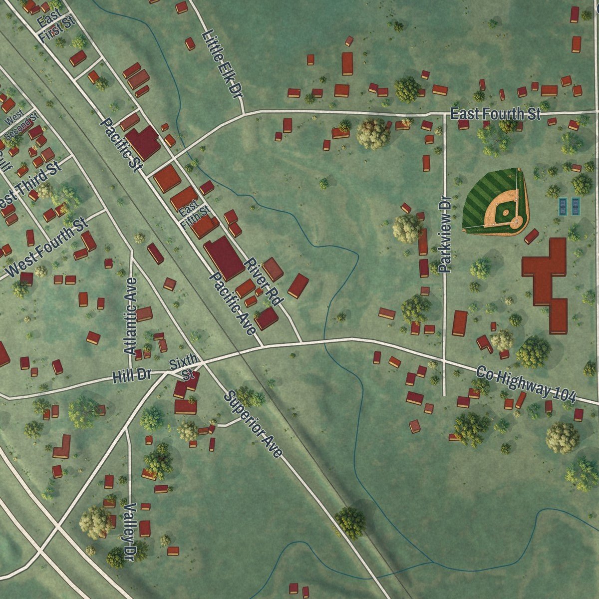 Close-up of the map of Randall, Minnesota print showing street and building detail