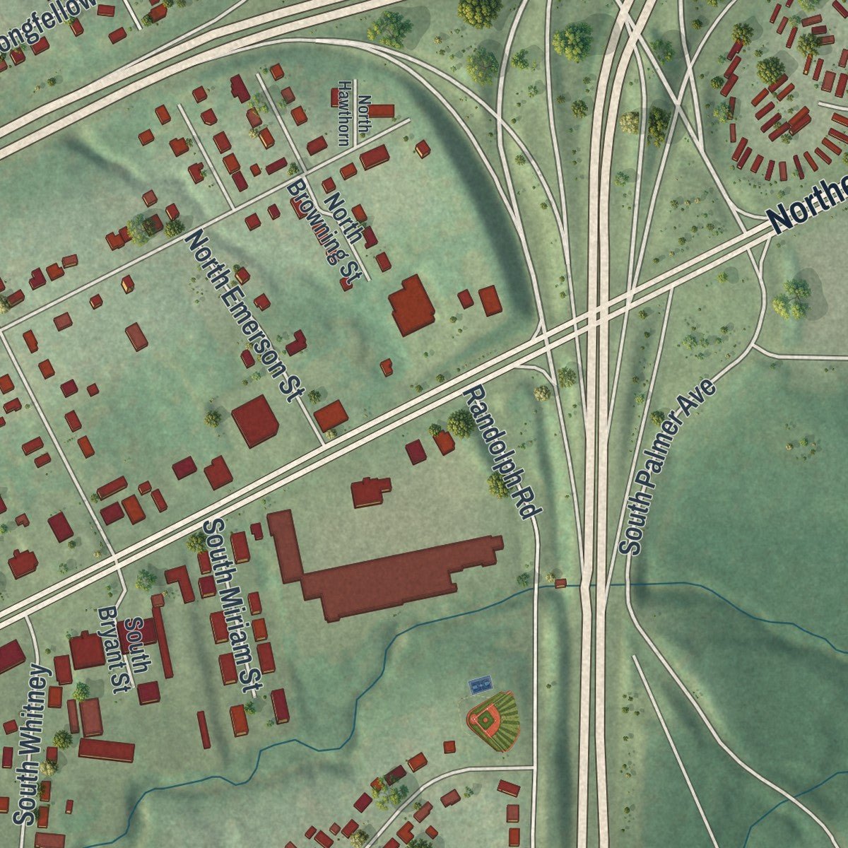 Close-up of the map of Claycomo, Missouri print showing street and building detail