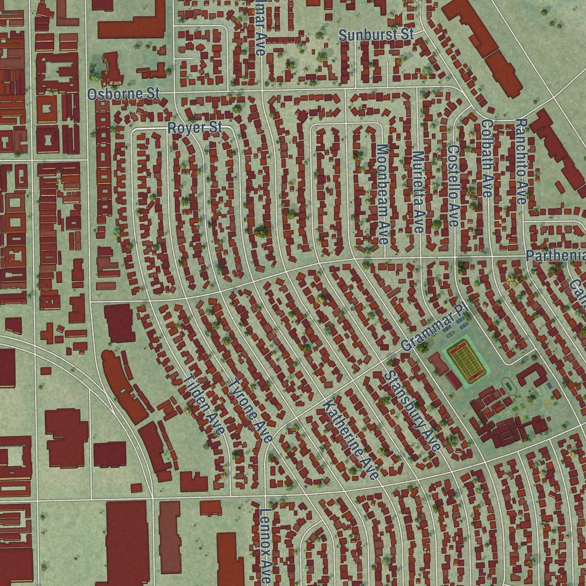 Close-up of the map of Panorama City, California print showing street and building detail
