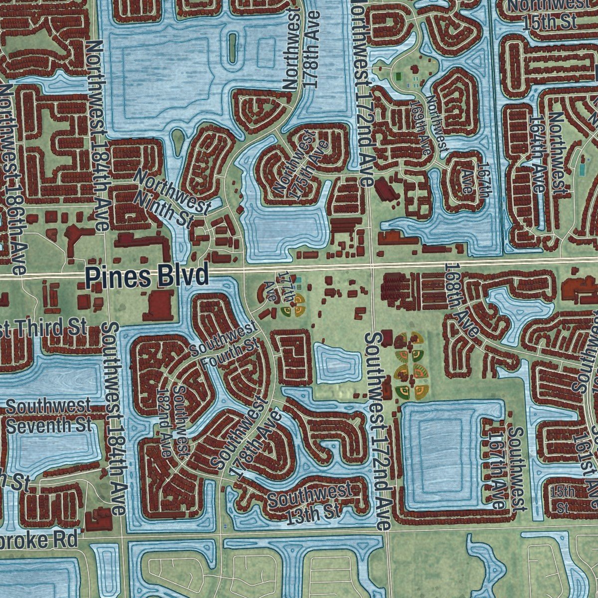 Close-up of the map of Pembroke Pines, Florida print showing street and building detail