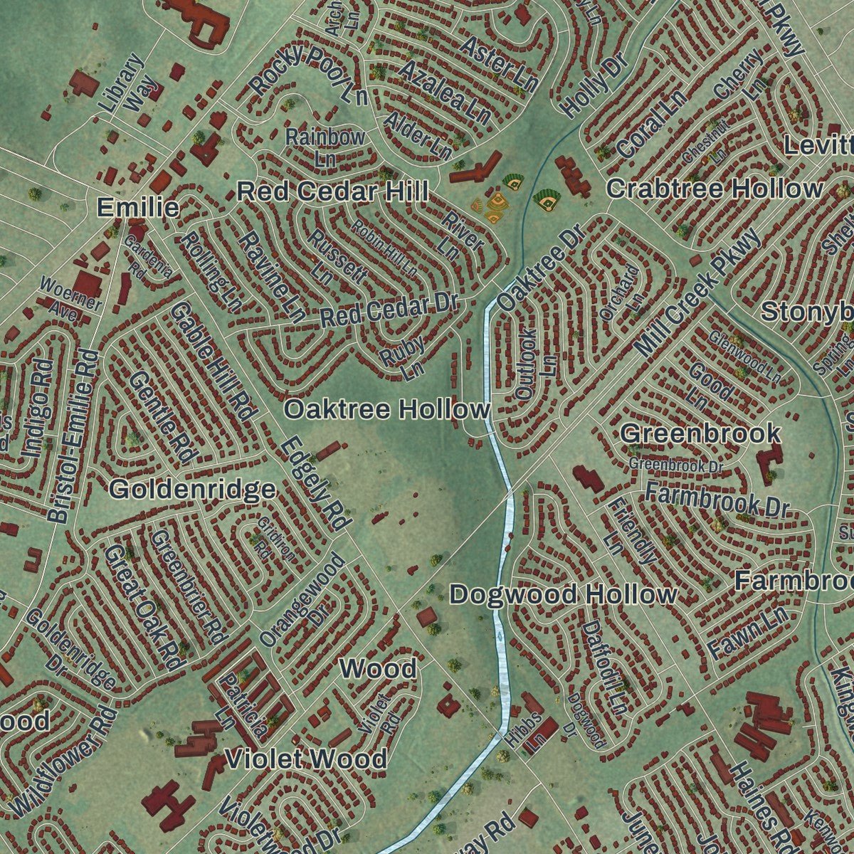 Close-up of the map of Bristol, Bucks County, Pennsylvania print showing street and building detail