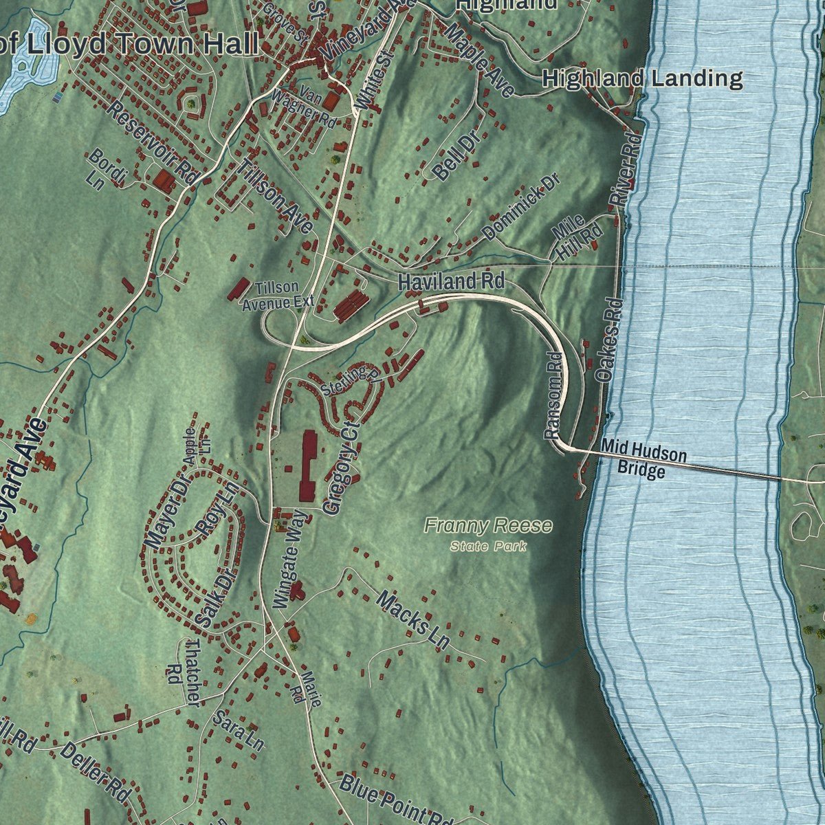 Close-up of the map of Lloyd, New York print showing street and building detail