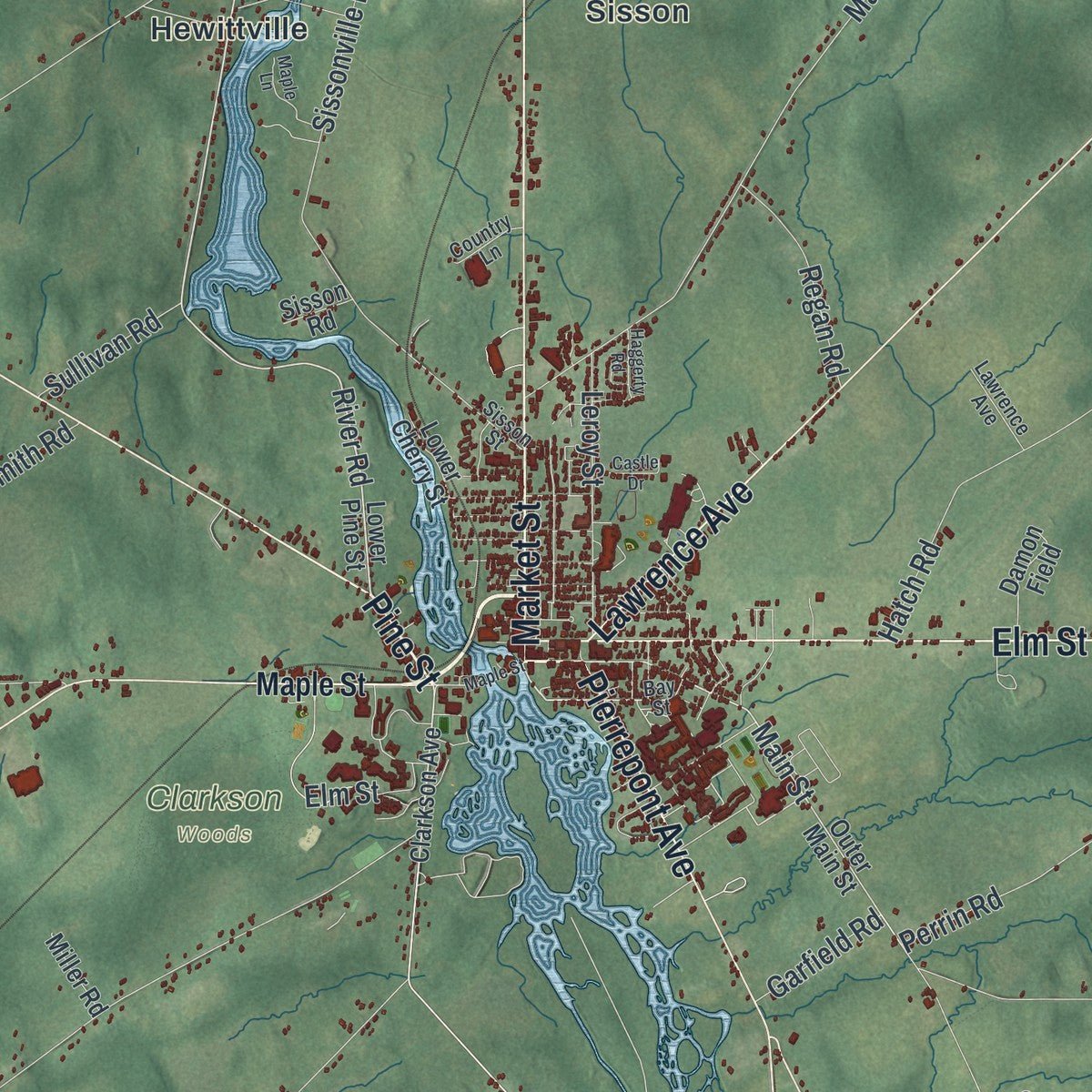 Close-up of the map of the Town of Potsdam, New York print showing street and building detail
