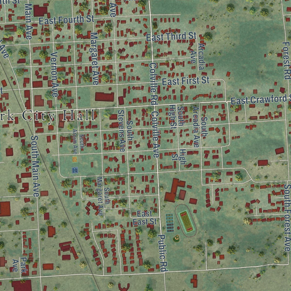 Close-up of the map of Deer Park, Washington print showing street and building detail