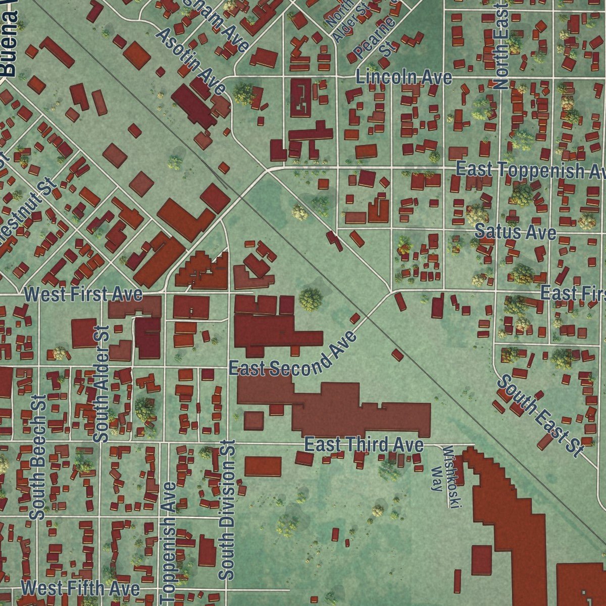 Close-up of the map of Toppenish, Washington print showing street and building detail