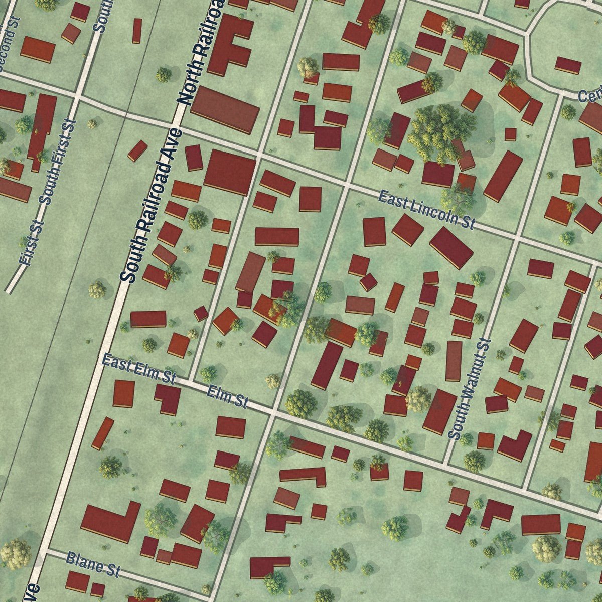 Close-up of the map of Buckley, Illinois print showing street and building detail
