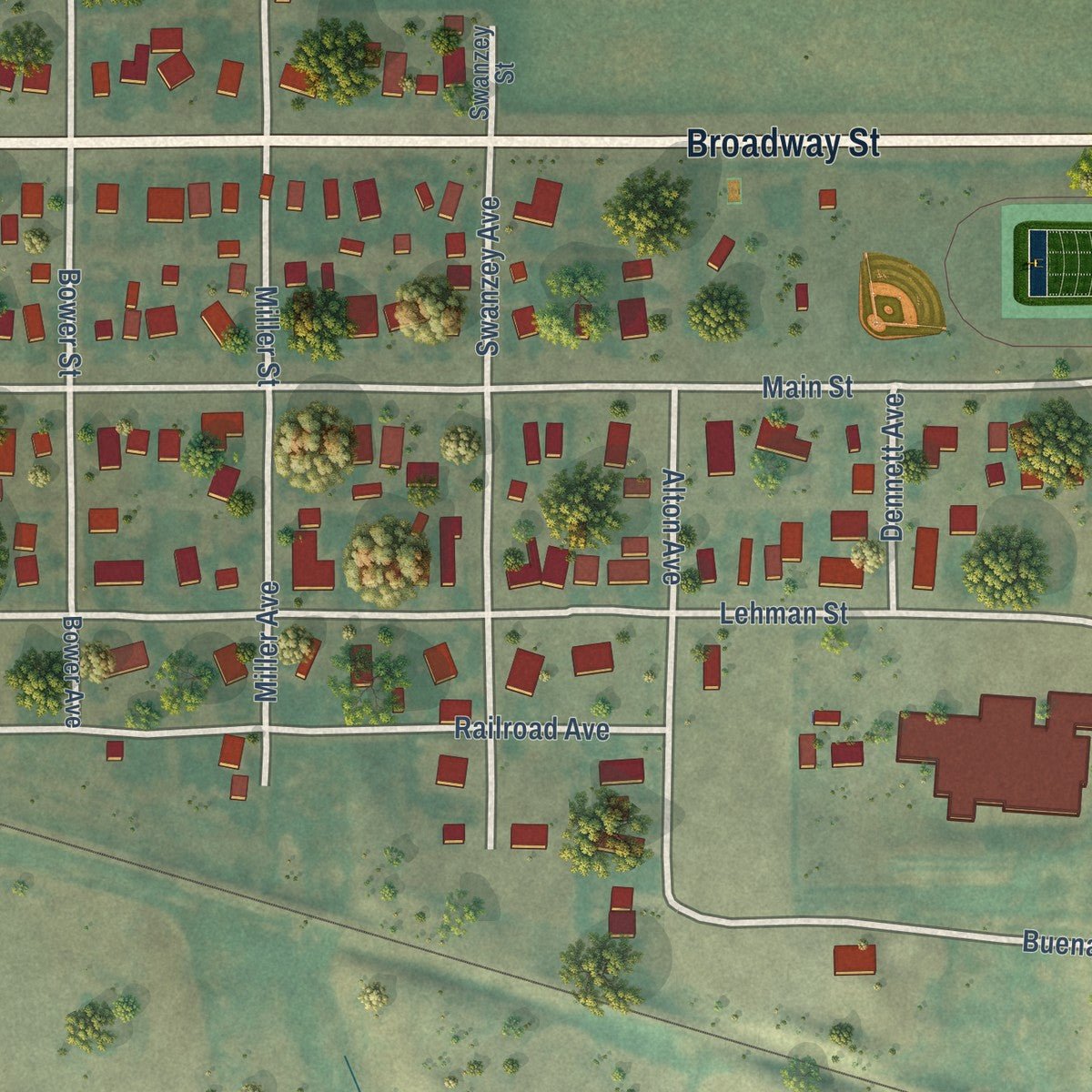 Close-up of the map of Denton, Montana print showing street and building detail