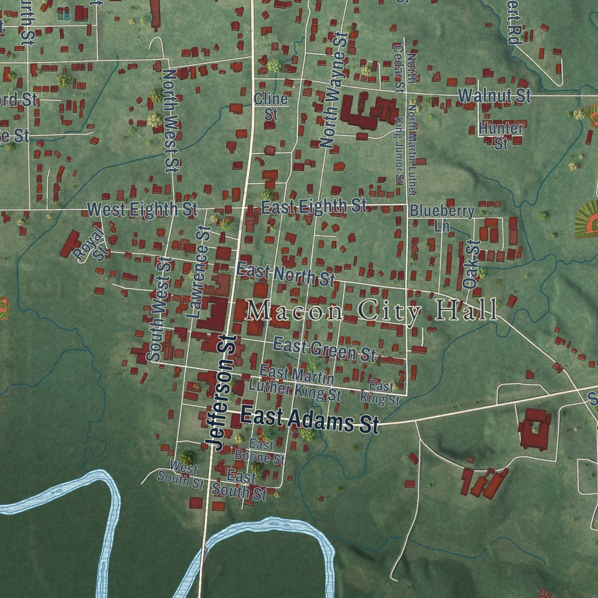 Close-up of the map of Macon, Mississippi print showing street and building detail