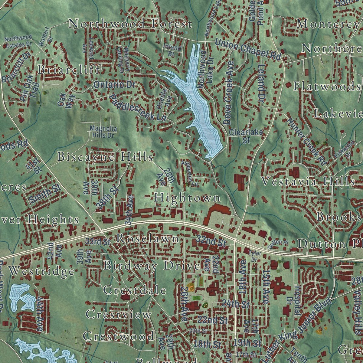 Close-up of the map of Northport, Alabama print showing street and building detail