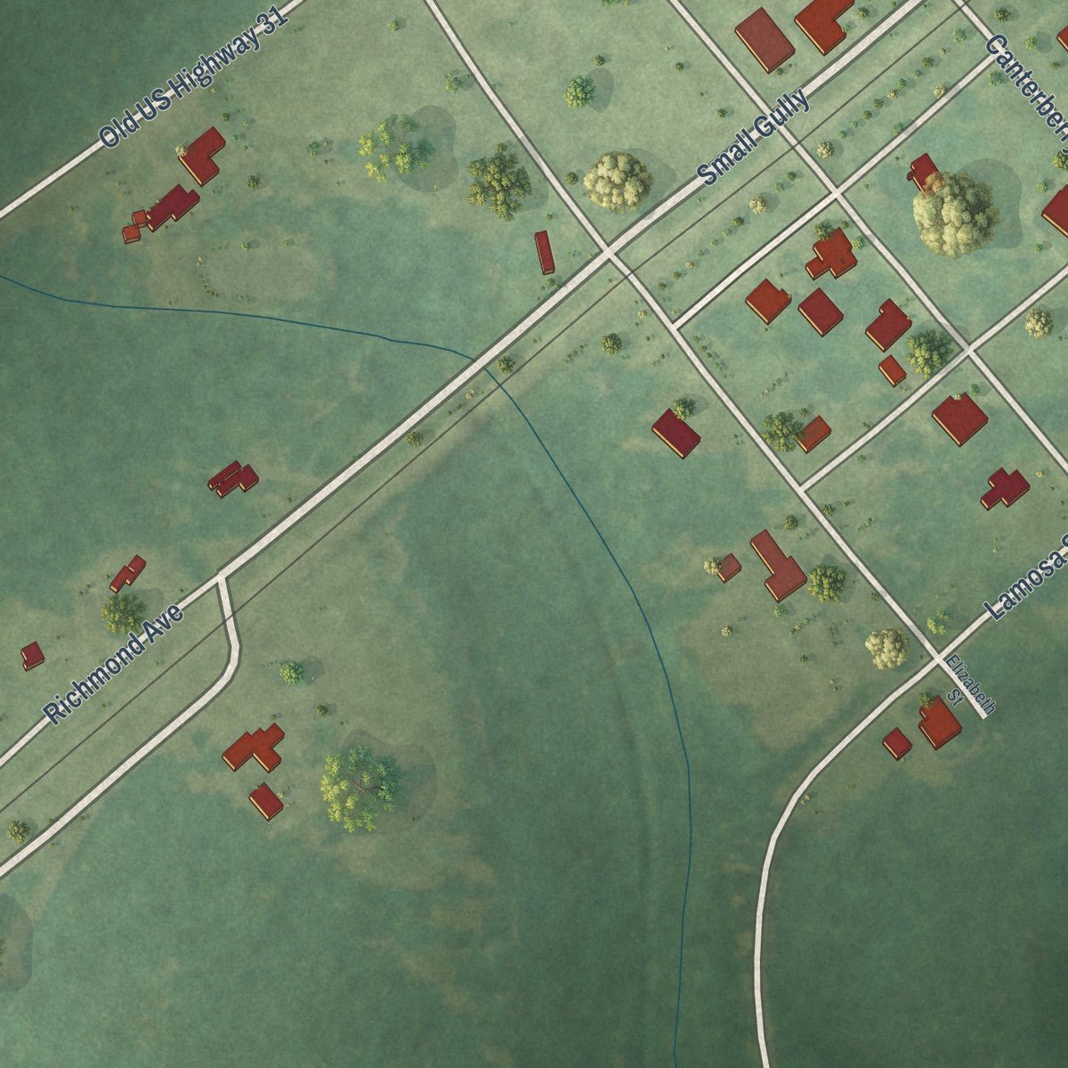 Close-up of the map of Pollard, Alabama print showing street and building detail