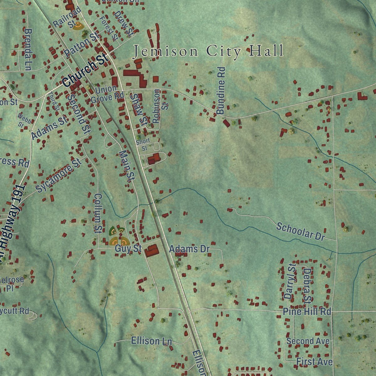 Close-up of the map of Jemison, Alabama print showing street and building detail