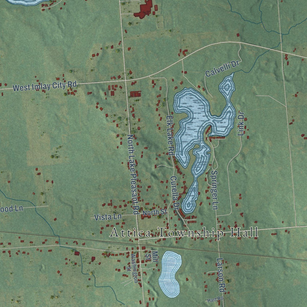 Close-up of the map of Attica, Michigan print showing street and building detail