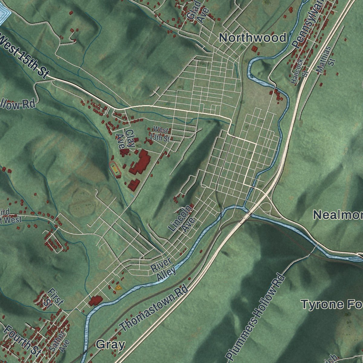 Close-up of the map of Snyder, Blair County, Pennsylvania print showing street and building detail