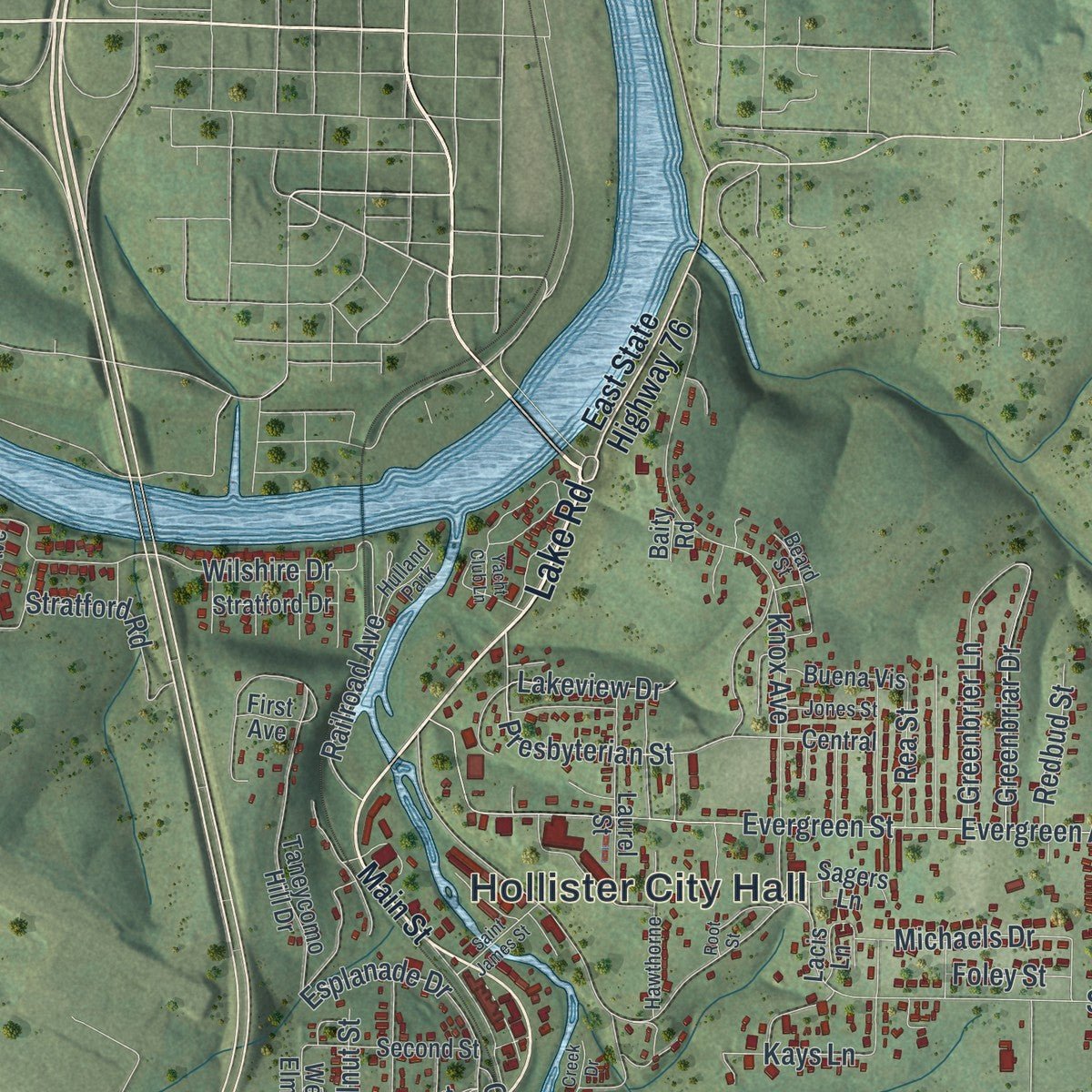 Close-up of the map of Hollister, Missouri print showing street and building detail