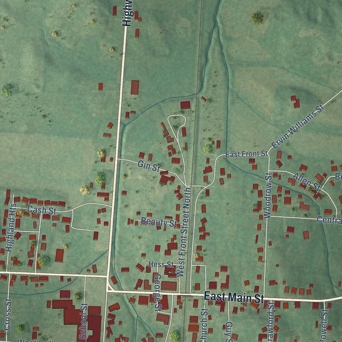 Close-up of the map of Bradford, Tennessee print showing street and building detail
