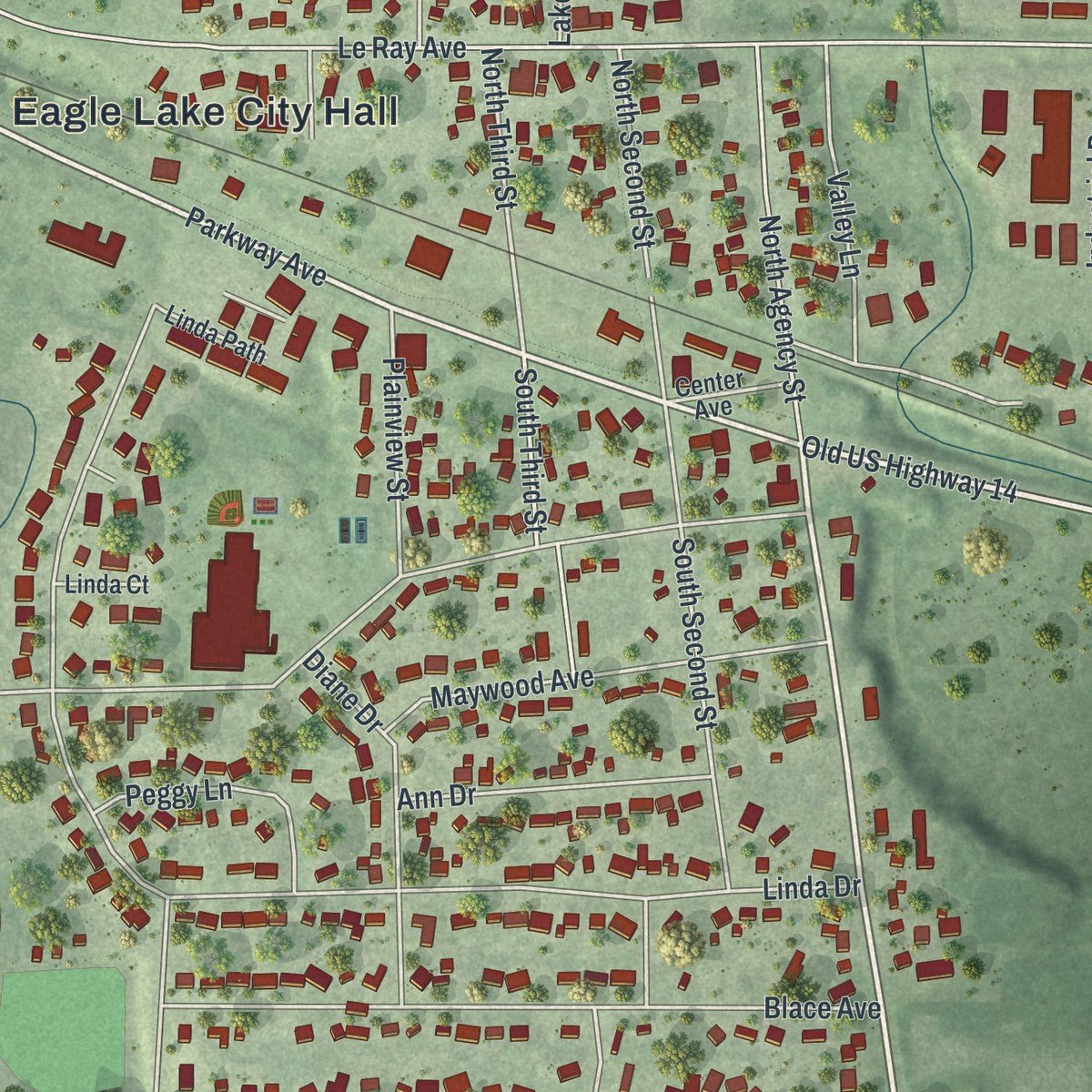 Close-up of the map of Eagle Lake, Minnesota print showing street and building detail