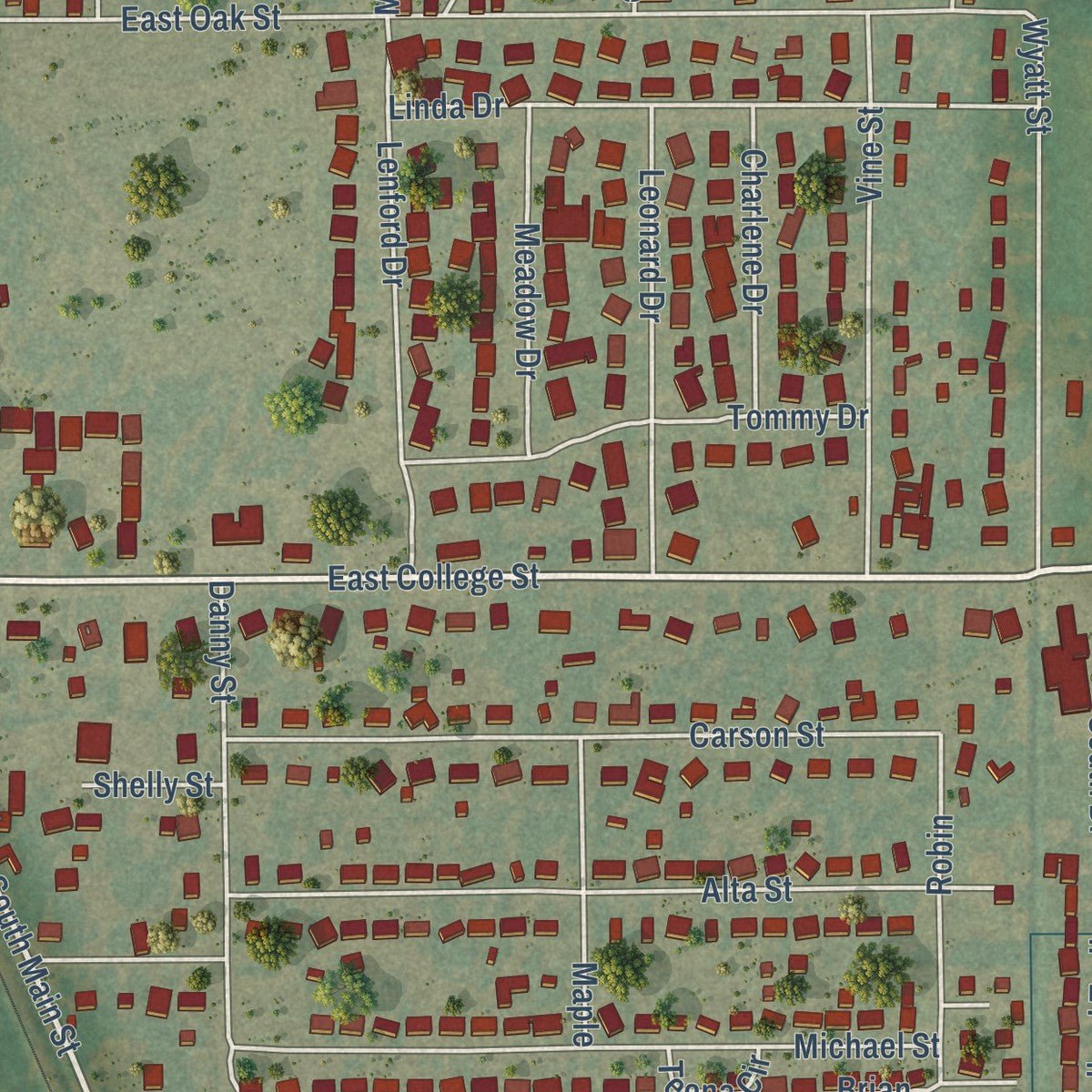 Close-up of the map of Bono, Arkansas print showing street and building detail