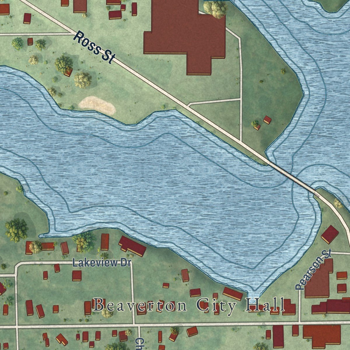Close-up of the map of Beaverton, Michigan print showing street and building detail