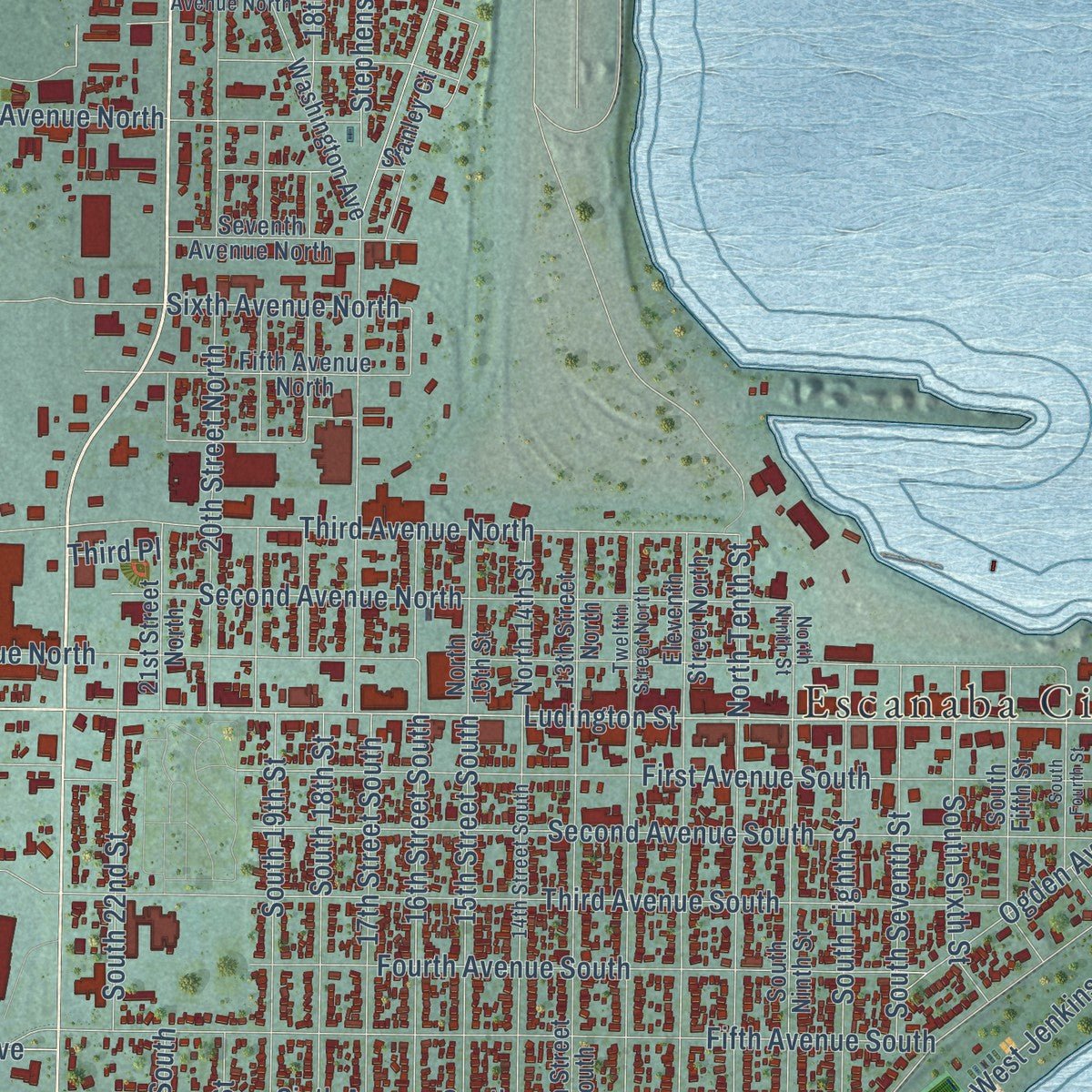 Close-up of the map of Escanaba, Michigan print showing street and building detail