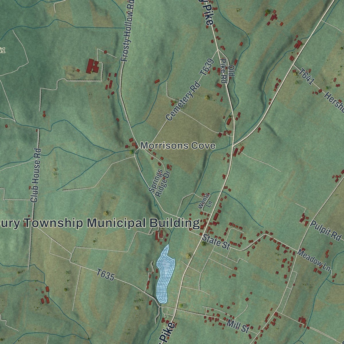 Close-up of the map of Woodbury, Bedford County, Pennsylvania print showing street and building detail