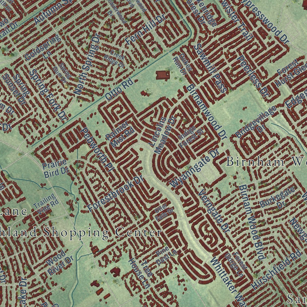 Close-up of the map of Spring, Texas print showing street and building detail