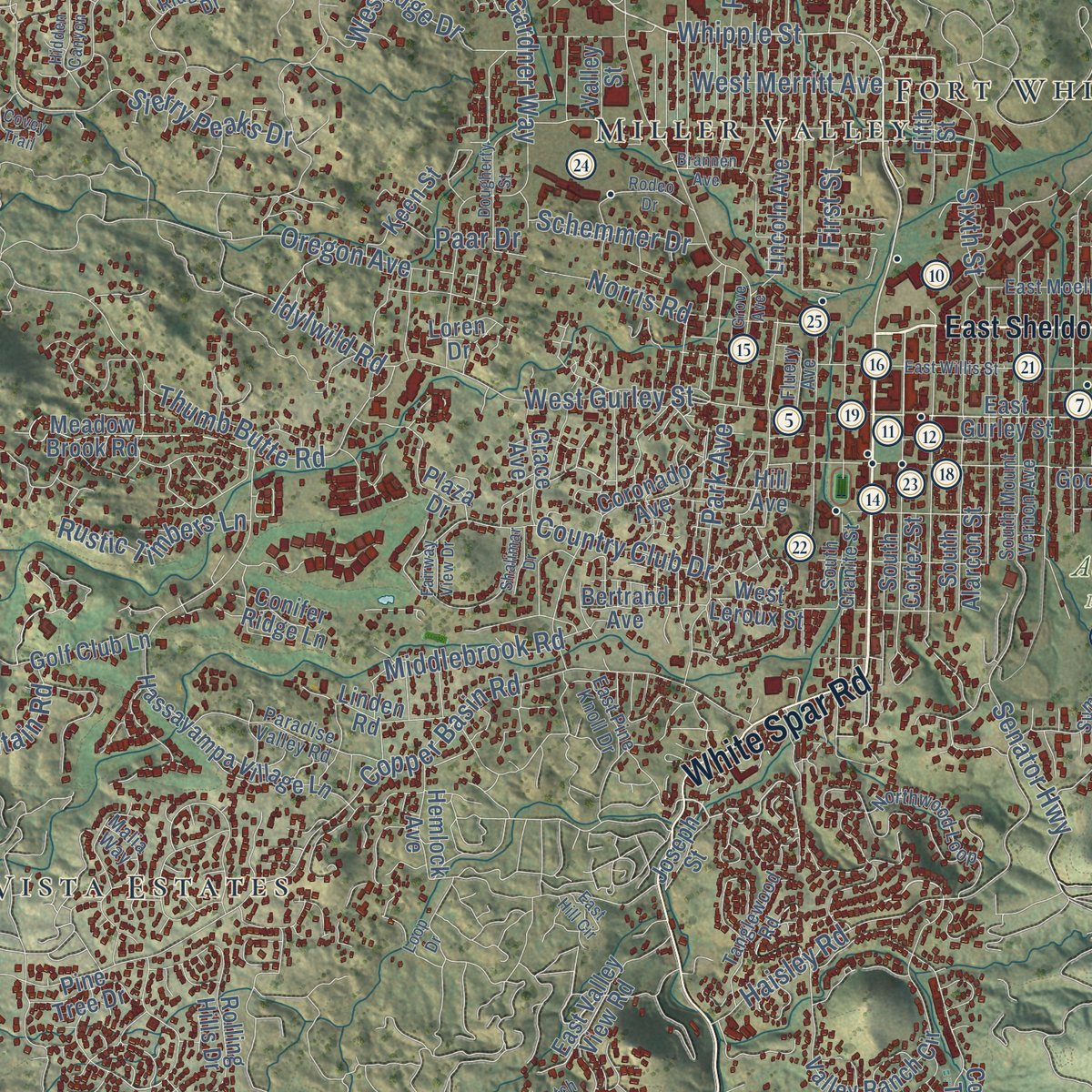 Close-up of the map of Prescott, Arizona print showing street and building detail