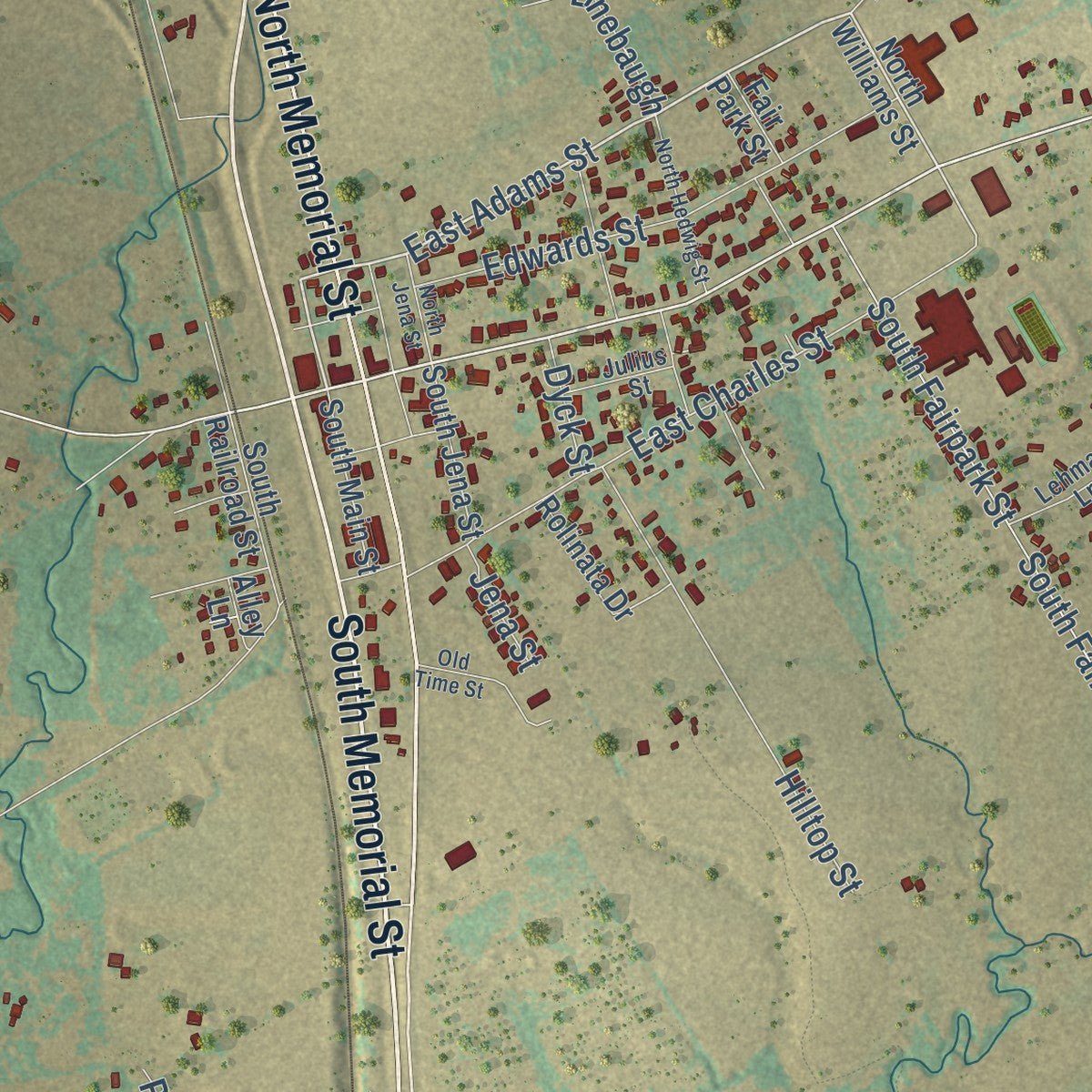 Close-up of the map of Riesel, Texas print showing street and building detail