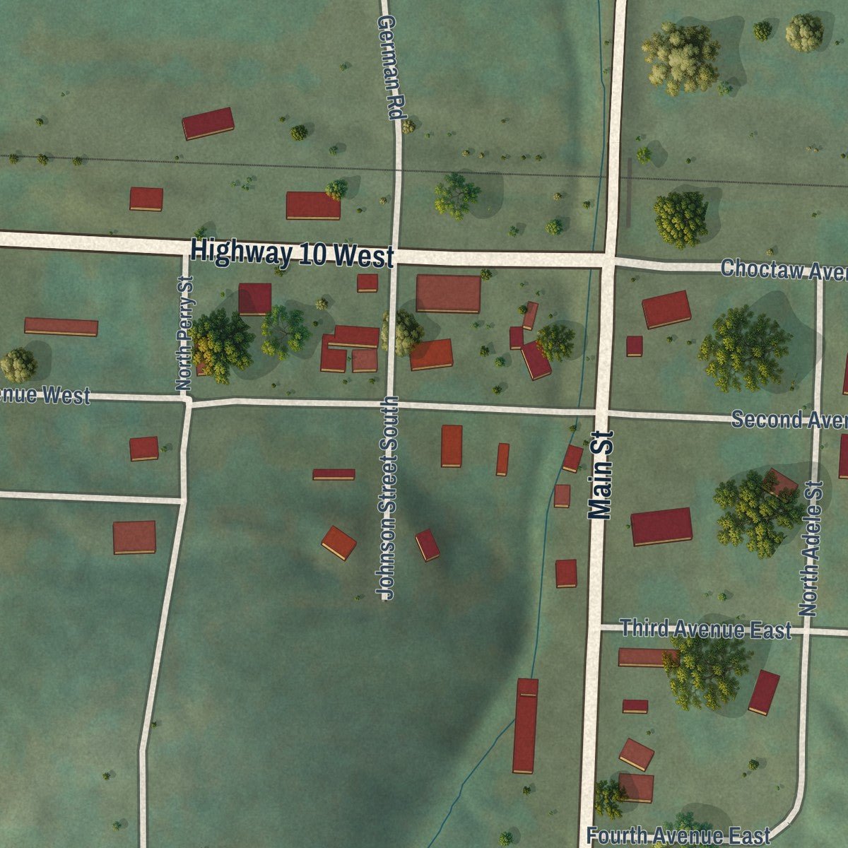 Close-up of the map of Perry, Arkansas print showing street and building detail