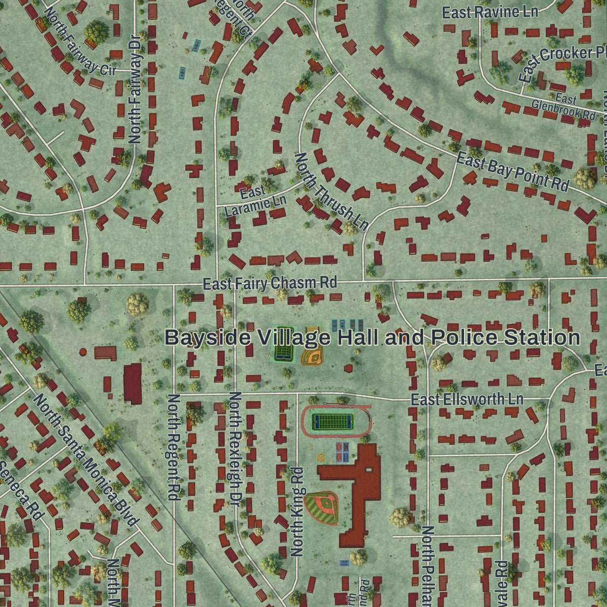 Close-up of the map of Bayside, Wisconsin print showing street and building detail