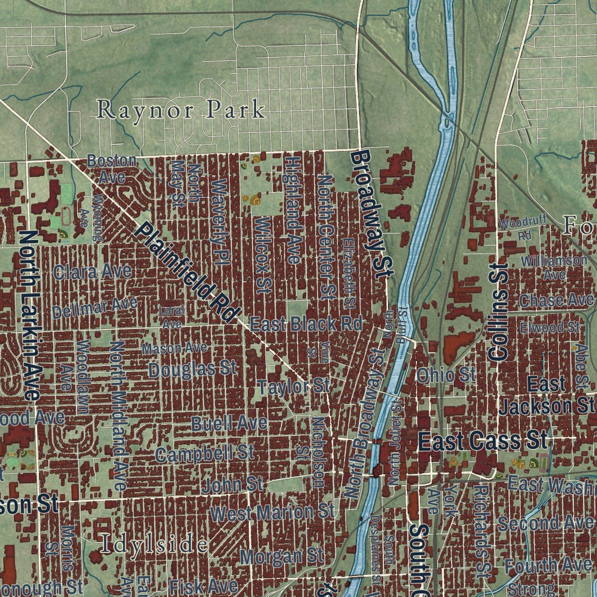 Close-up of the map of Joliet, Illinois print showing street and building detail