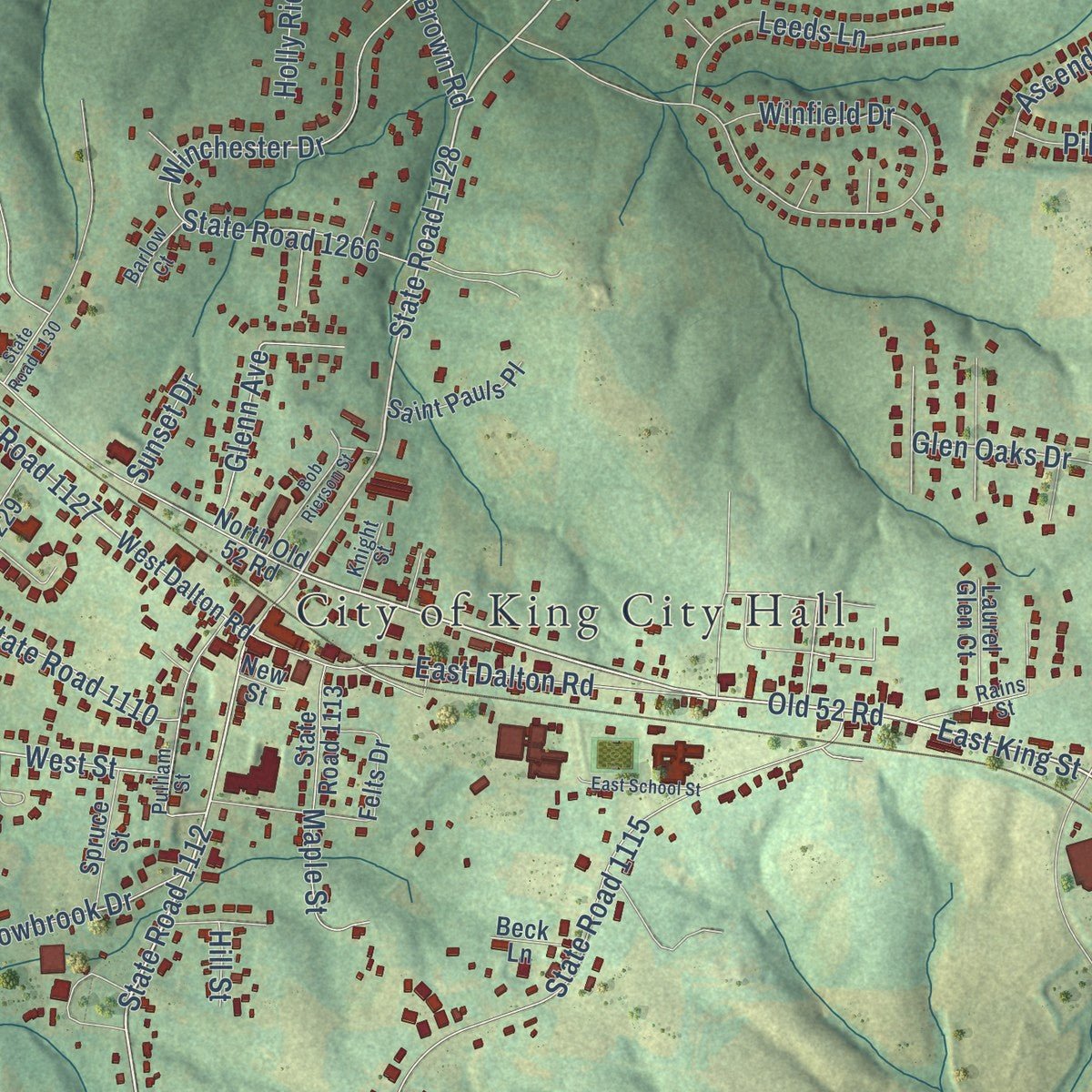 Close-up of the map of King, North Carolina print showing street and building detail