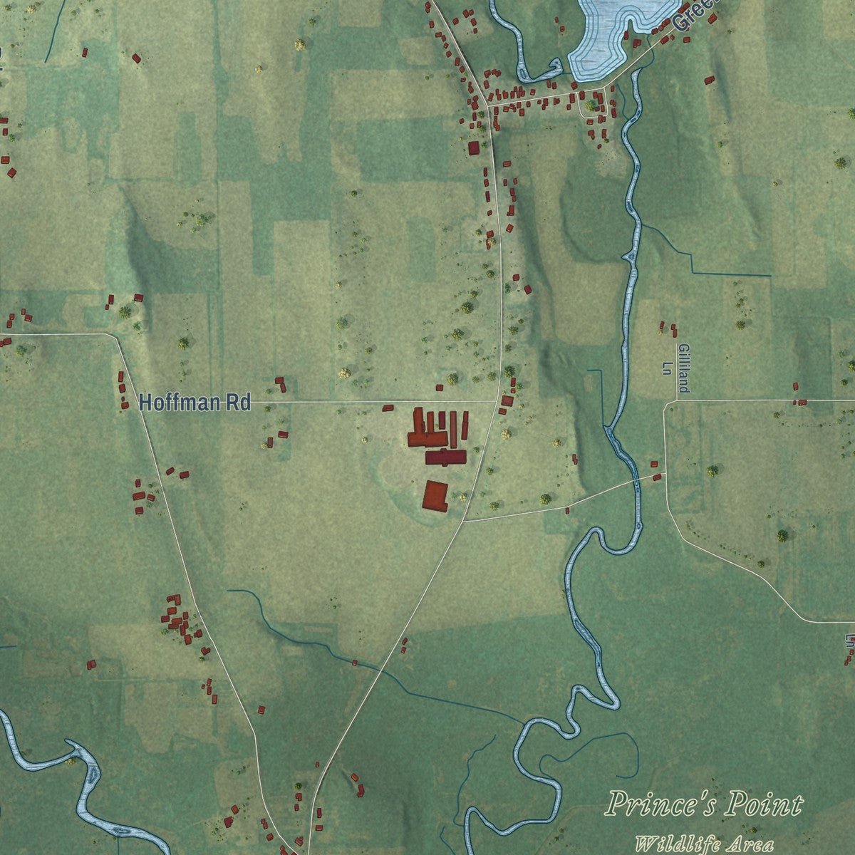 Close-up of the map of Hebron, Wisconsin print showing street and building detail