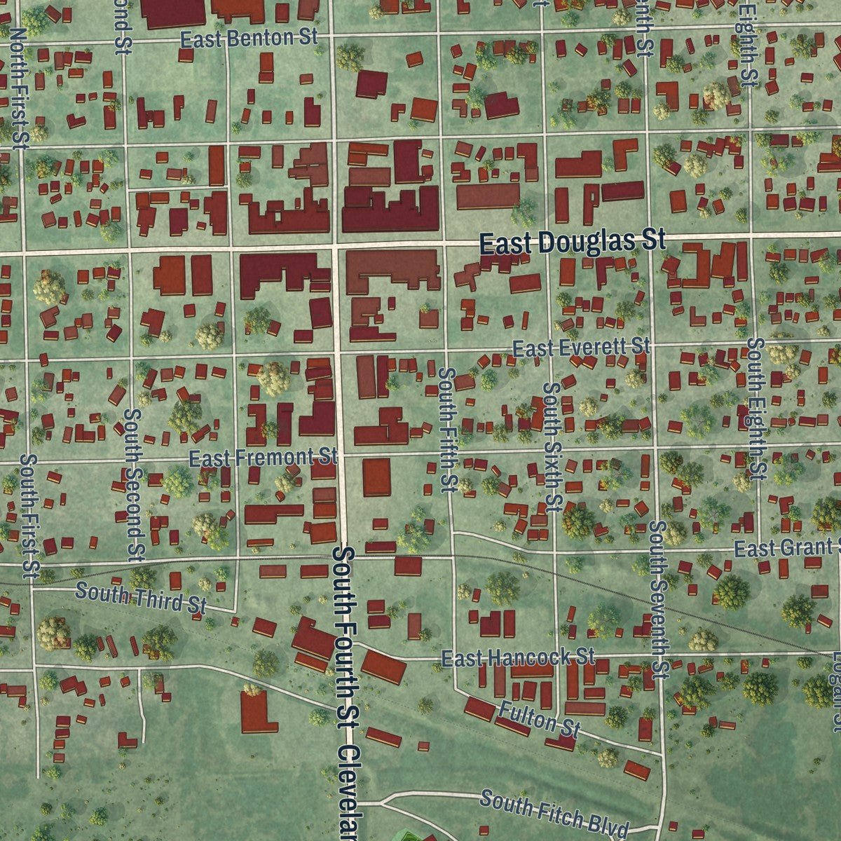 Close-up of the map of O'Neill, Nebraska print showing street and building detail