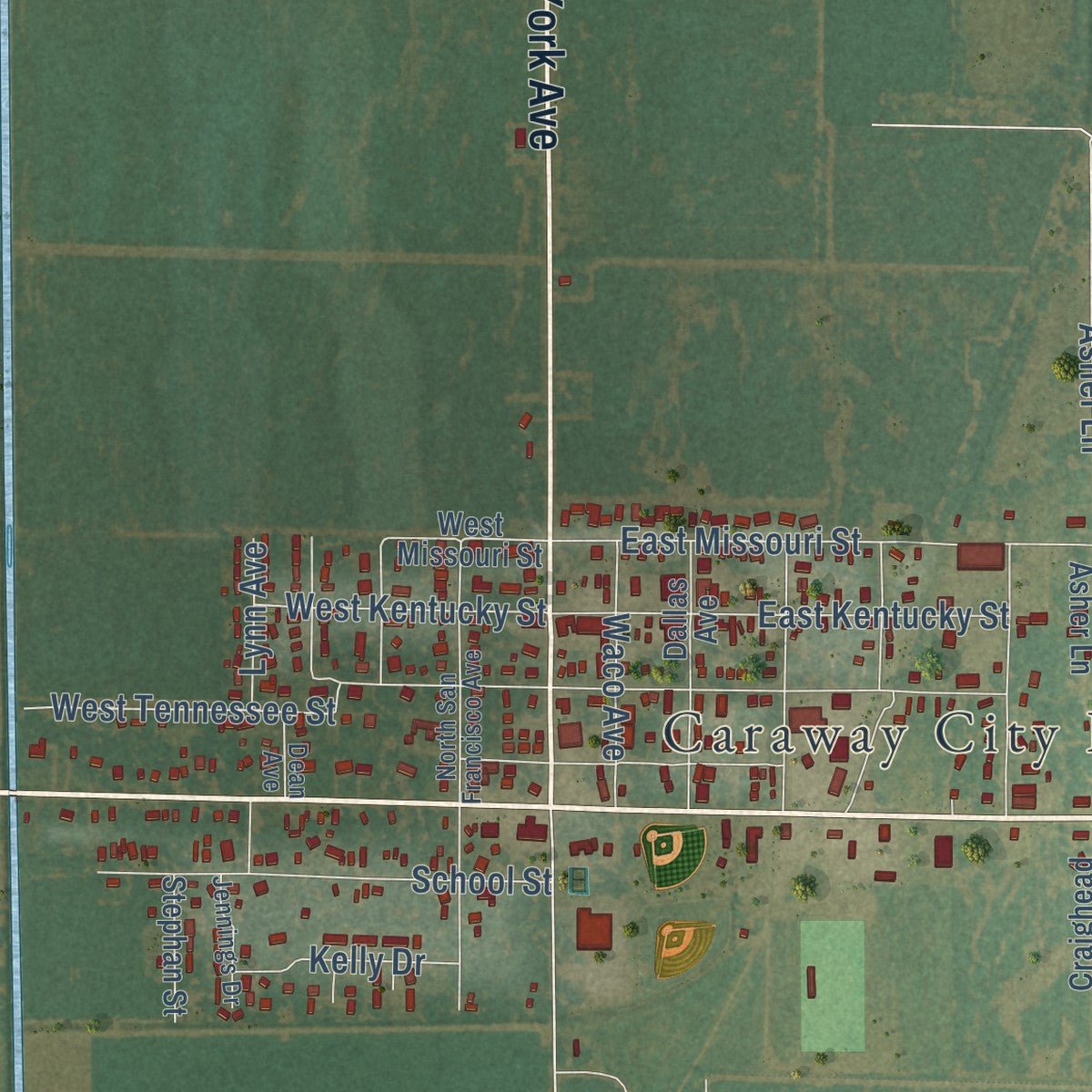 Close-up of the map of Caraway, Arkansas print showing street and building detail