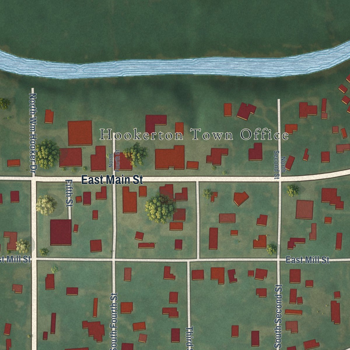 Close-up of the map of Hookerton, North Carolina print showing street and building detail