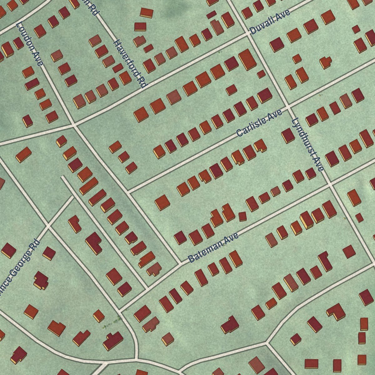 Close-up of the map of Windsor Hills, Maryland print showing street and building detail