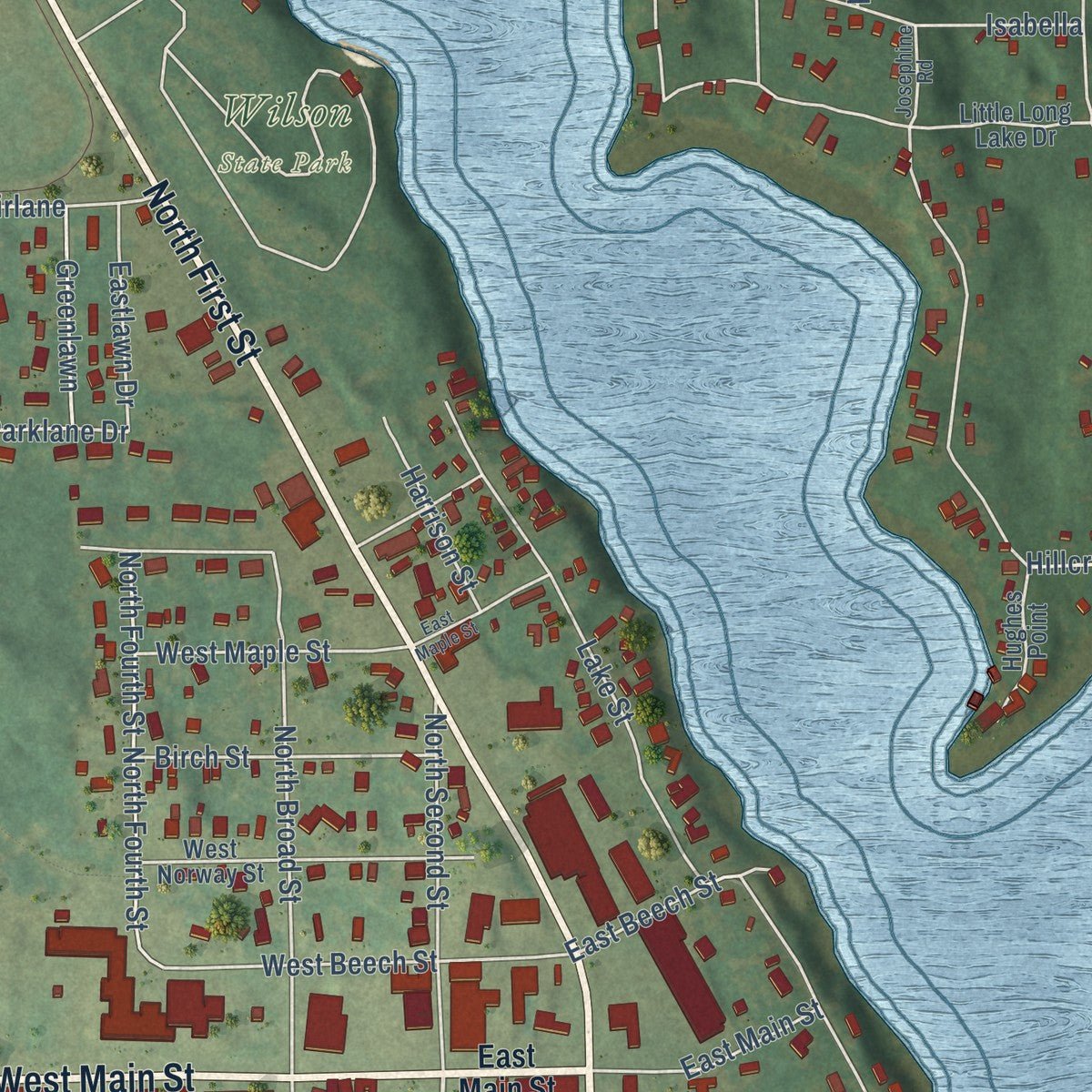 Close-up of the map of Harrison, Clare County, Michigan print showing street and building detail